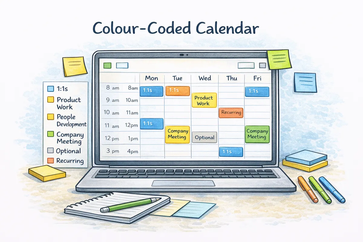 Illustration of a colour-coded weekly calendar on a laptop, with a legend: 1:1s, product work, people development, company meetings, optional and recurring.