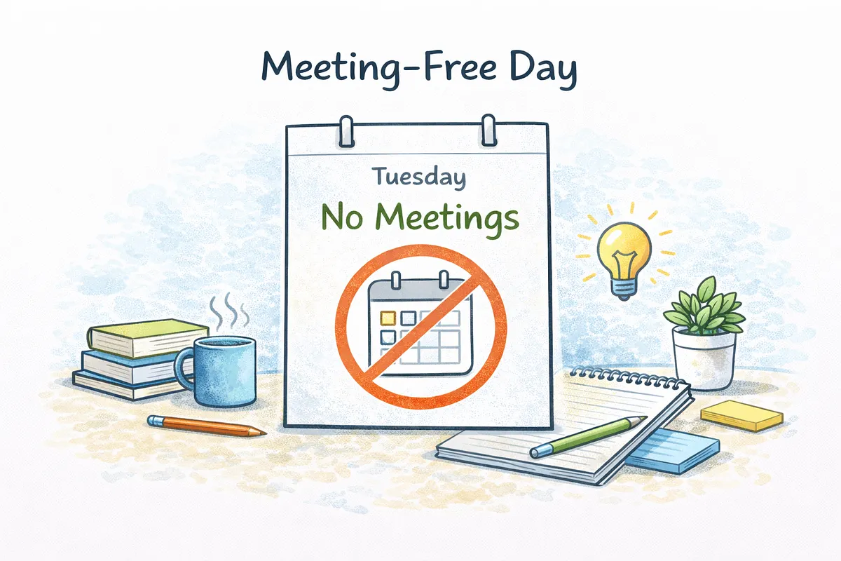 Illustration of a desk calendar reading "Tuesday: No Meetings", with a crossed-out calendar icon, under the title "Meeting-Free Day".
