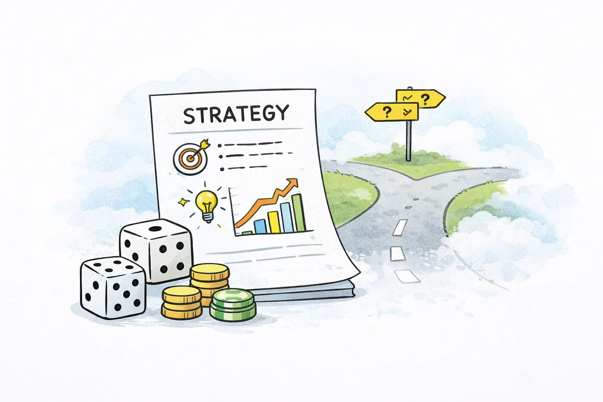 Illustration of a strategy document with a target and a rising chart, next to dice and coins, in front of a fork in the road with a signpost of question marks.
