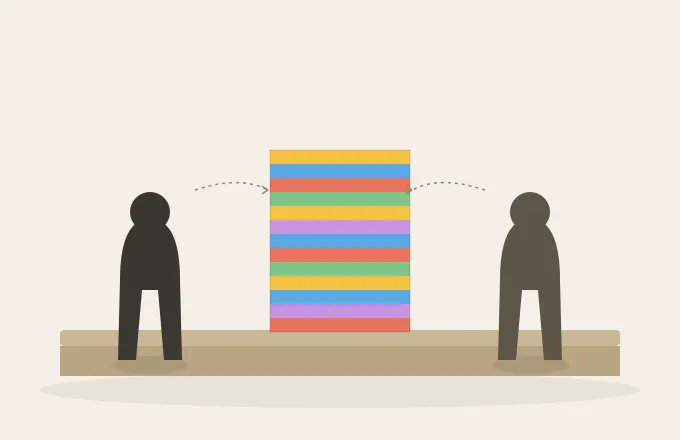 Two figures stand on either side of a tall stack of colourful sticky notes, each pointing towards it.
